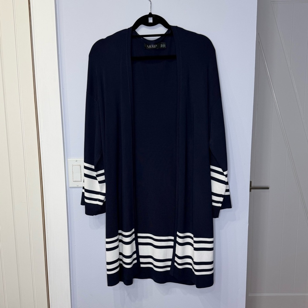 Ralph Lauren Women’s Navy Striped Long Cardigan with White Banding, size XL, EUC